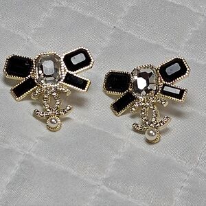 Chanel Black and Gold Logo Rhinestone Sparkle Earrings Stamped NEW